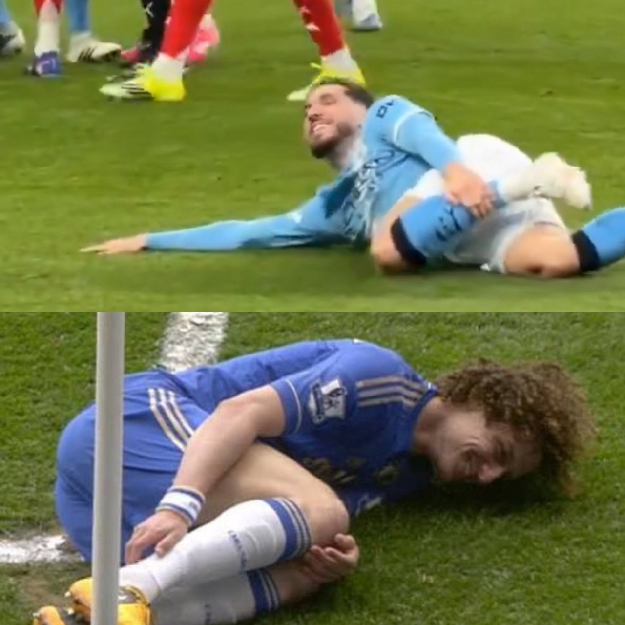 a man is lying on the ground with his head in his hands